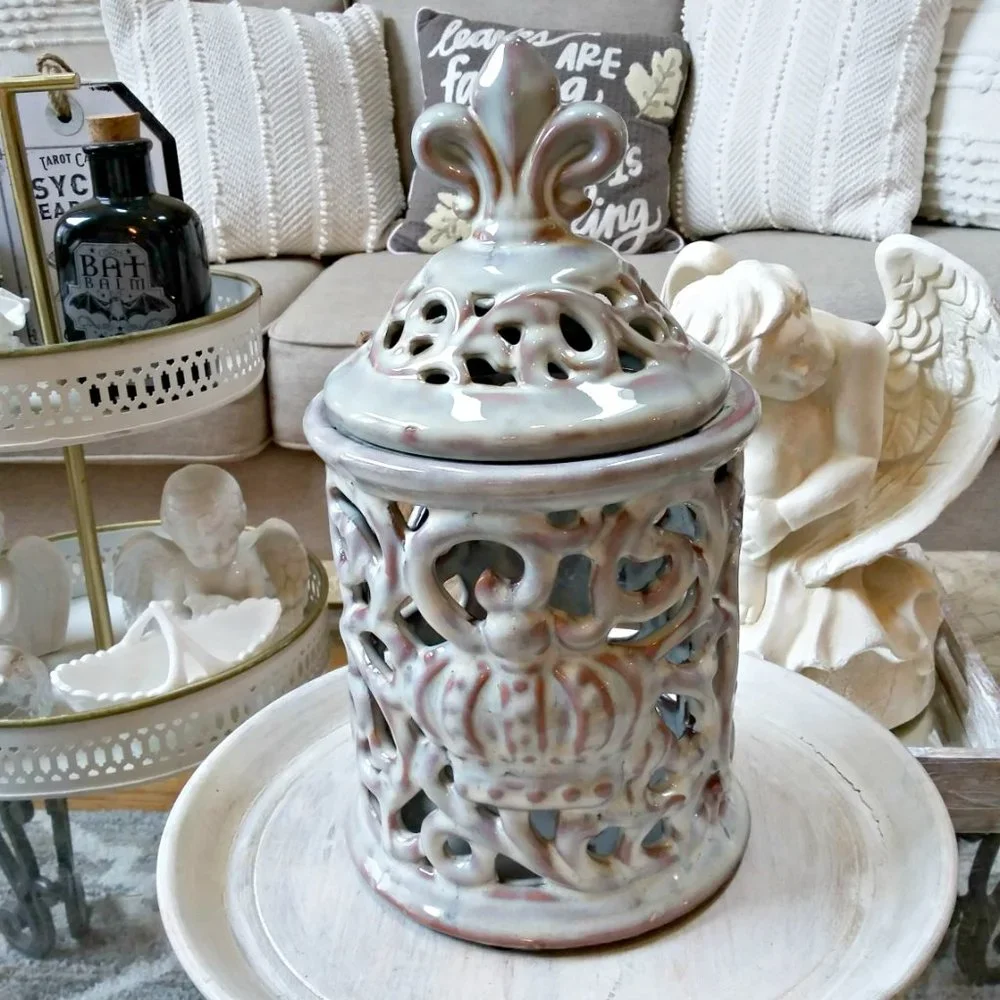 NEW! BOHO Farmhouse OPENWORK JAR DECOR W/CROWN MOTIF - Picture 4 of 4